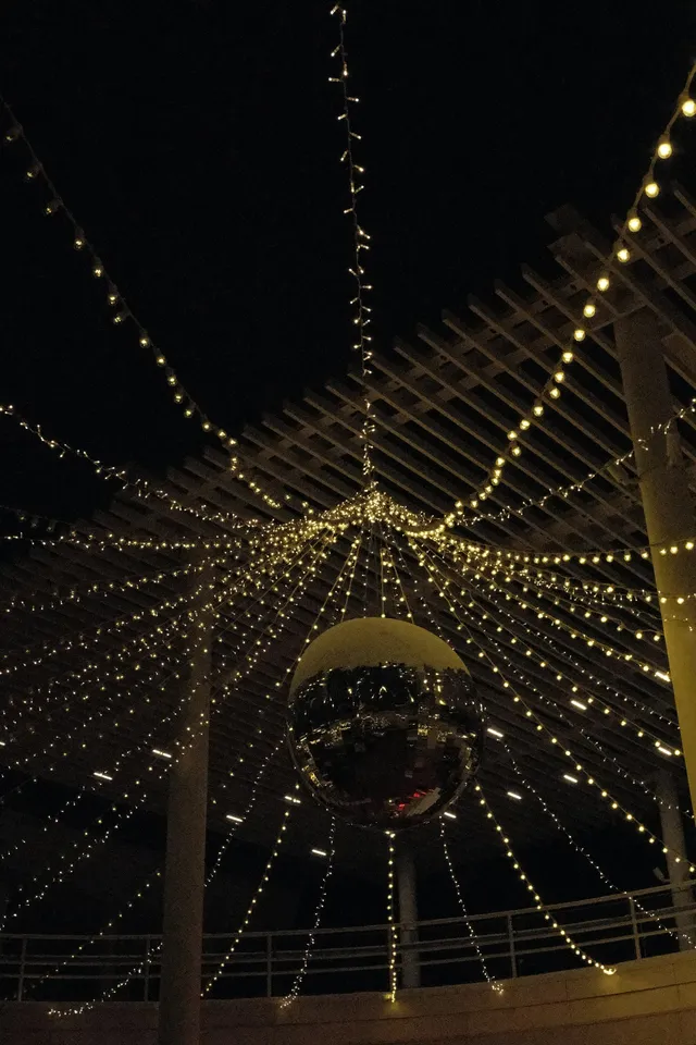 Disco ball illuminated by strings of fairy lights